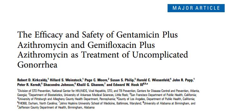 The Future Patients 15-60 with uncomplicated gonorrhea received either gentamicin 240mg IM + Azithro 2g PO or gemifloxacin 320mg PO + Azithro 2g PO