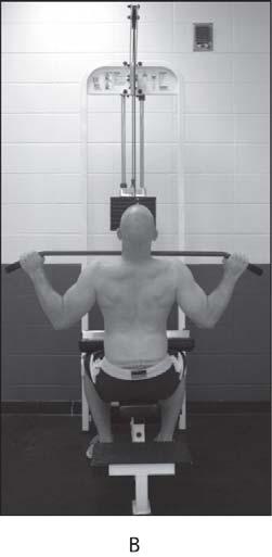 Latissimus Pull (lat pull) Subject, sitting, reaches up & grasps a horizontal bar Subject pulls bar down to a position behind
