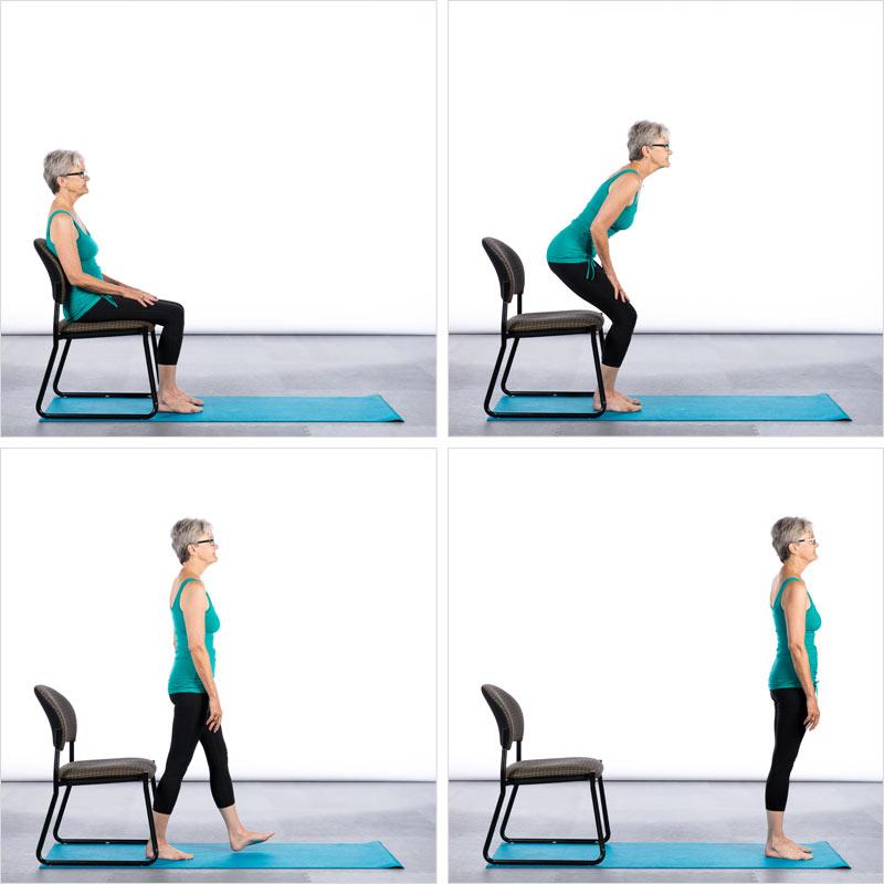 Focus: Improves balance in motion and awareness of foot placement How to Perform: Place a chair at one end of the yoga mat.