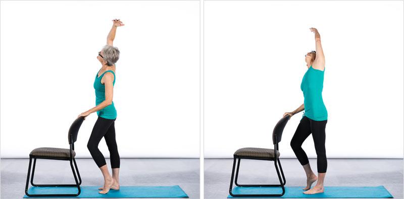 Progression: Look up toward the ceiling. Palm Tree Focus: Improves balance while standing on toes How to Perform: Stand facing the back of the chair.