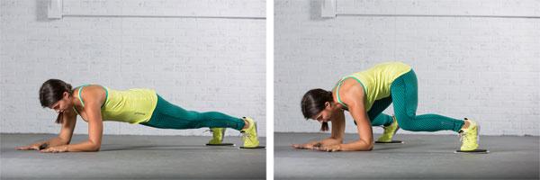 Goal: Incorporate bilateral, lower-body movement into a traditional plank How to Perform: Place the feet on top of the gliders and assume a forearm plank position.