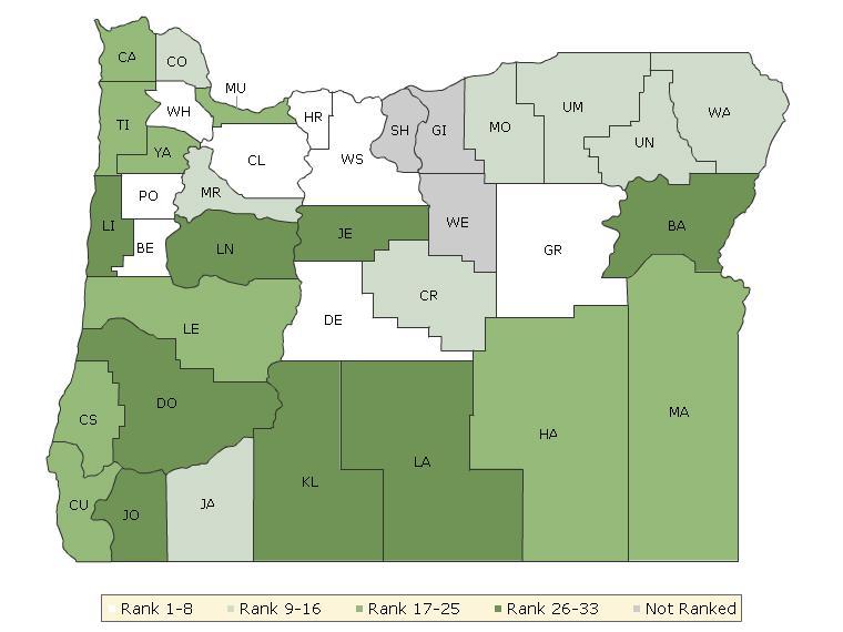 The maps on this page display Oregon s counties divided into groups by health rank.