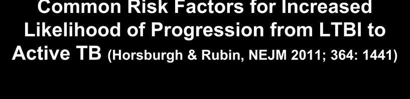Common Risk Factors for Increased Likelihood of Progression from LTBI to Active TB (Horsburgh & Rubin, NEJM 2011; 364: 1441) RISK FACTOR RELATIVE RISK Advanced, untreated