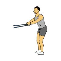 Standing Shoulder Press with Tubing 1. Start by placing both feet on the band and hold each end in both hands at shoulder level. 2.