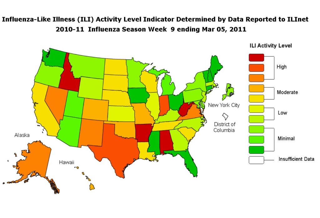 ILINet State Activity Indicator Map: Data collected in ILINet are used to produce a measure of ILI activity* by state.
