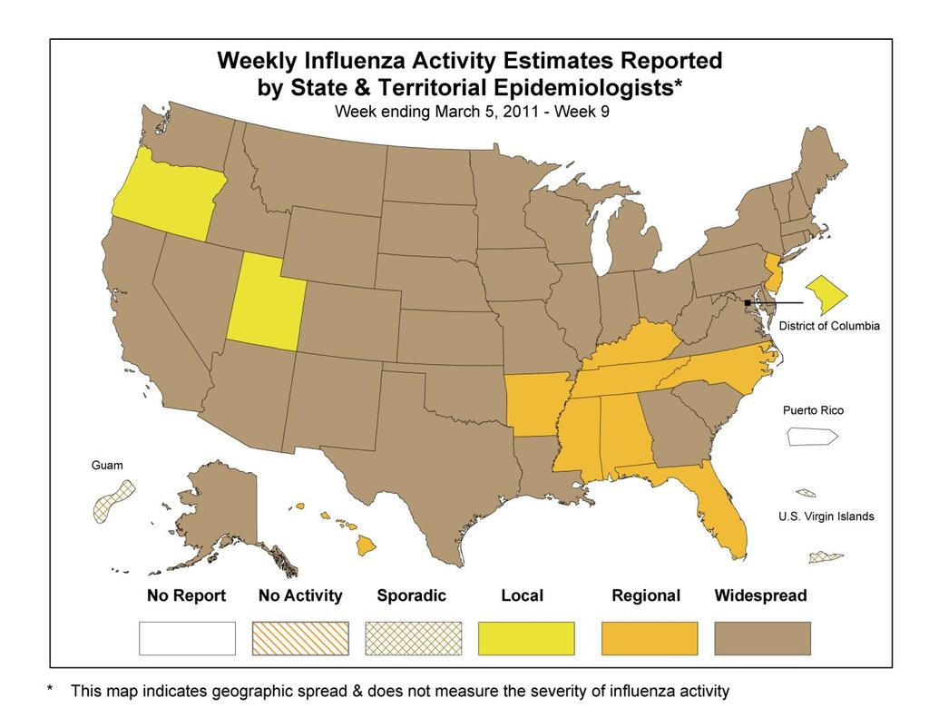 Geographic Spread of Influenza as Assessed by State and Territorial Epidemiologists: The influenza activity reported by state and territorial epidemiologists indicates geographic spread of influenza