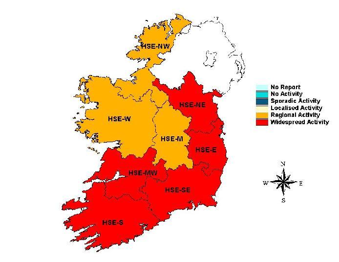 3. Regional Influenza Activity by HSE-Area The geographical spread of influenza is reviewed on a weekly basis using sentinel GP ILI consultation rates, laboratory data and outbreak data.