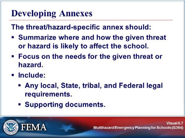 DEVELOPING THREAT/HAZARD-SPECIFIC ANNEXES Visual 6.7 When develping yur threat/hazard-specific annexes: Summarize where and hw hazards are likely t impact the schl. The hazards may be: Natural (e.g., earthquake, fld, hazardus weather, public health emergency).