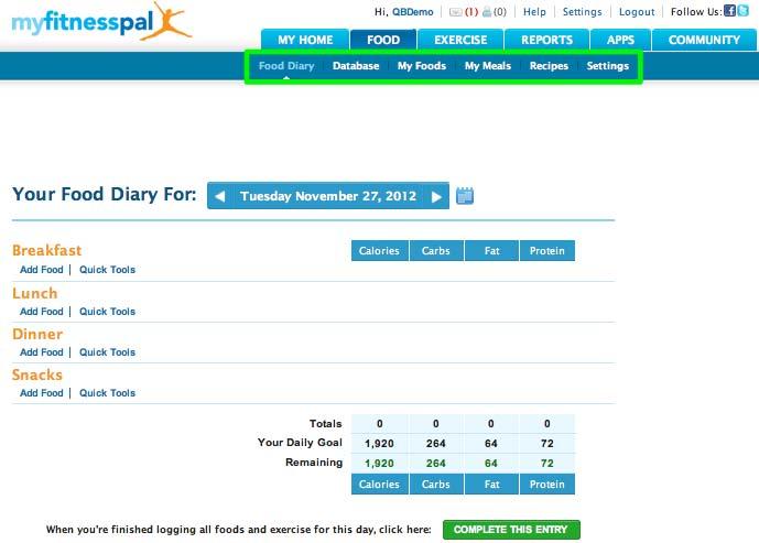Navigating the Site (Food) Food Diary Database My Foods Add a custom food