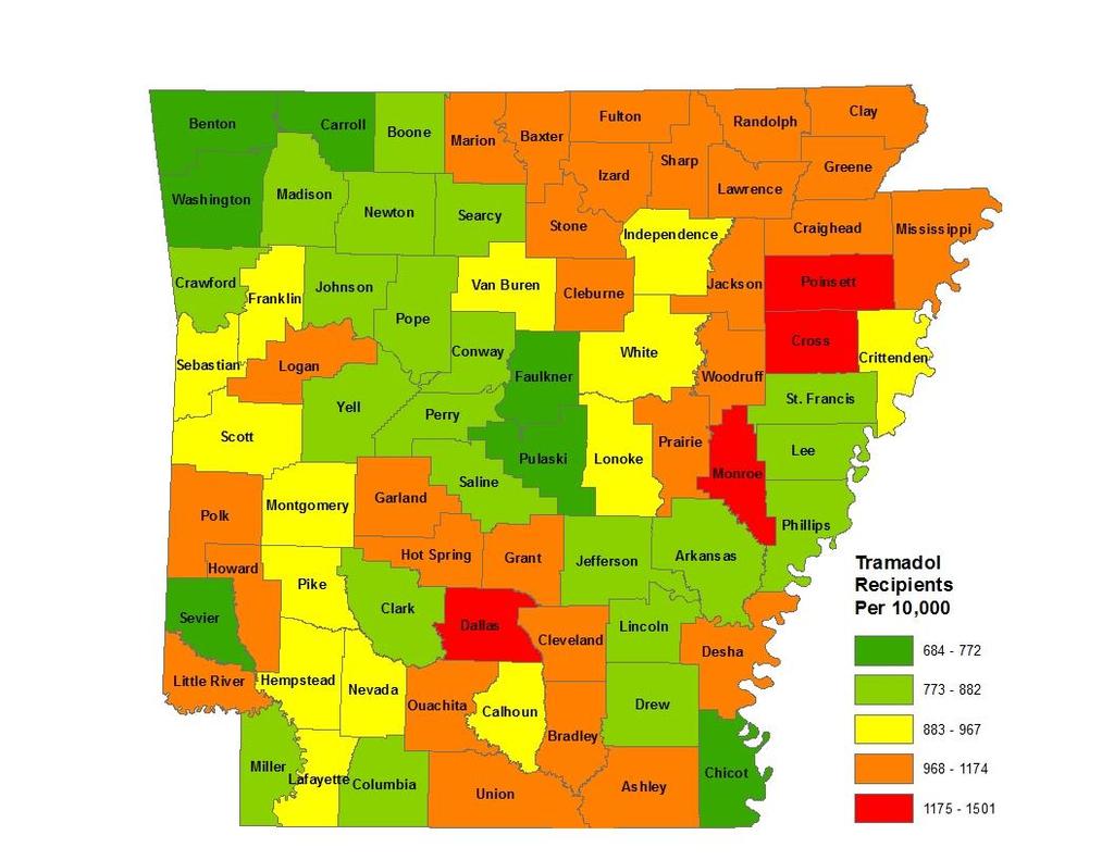 Tramadol Recipients Per 10,000 People in 2015 Four counties in Arkansas had