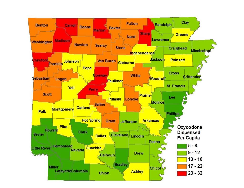 Oxycodone Dispensed Per Capita in 2015 Oxycodone is the most prescribed high-potency opioid in Arkansas.