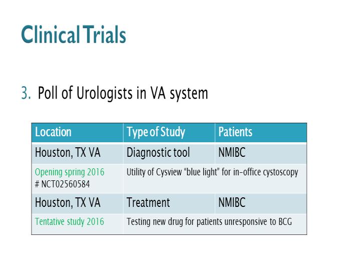 clinicaltrials.gov and used the search term bladder cancer and veterans. I found 34 studies but only one of them was open, in the San Antonio VA, looking at treatment schedules.