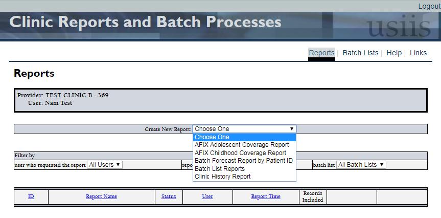 After selecting Clinic Reports & Batch Processes, the following Reports screen displays showing all reports created by facility users, not previously deleted.
