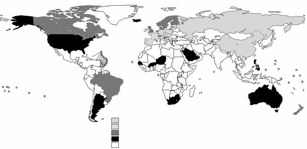 Country-specific incidence, by quartile, of Hib meningitis per 100 000 children < 5 years of age in the pre-vaccine era, 46 countries Unpublished Studies Rapid Assessments 1st quartile, lowest rate,