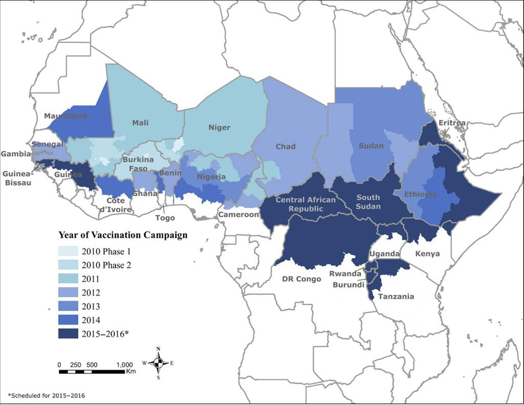 Figure 1. Group A meningococcal conjugate vaccine (PsA-TT) rollout (2010 2014) in countries of the African meningitis belt.