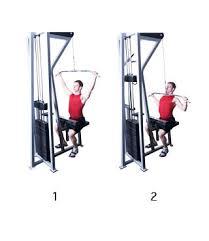 Return weights to starting position. Front Lat Pull Down Grasp cable bar with wide grip.