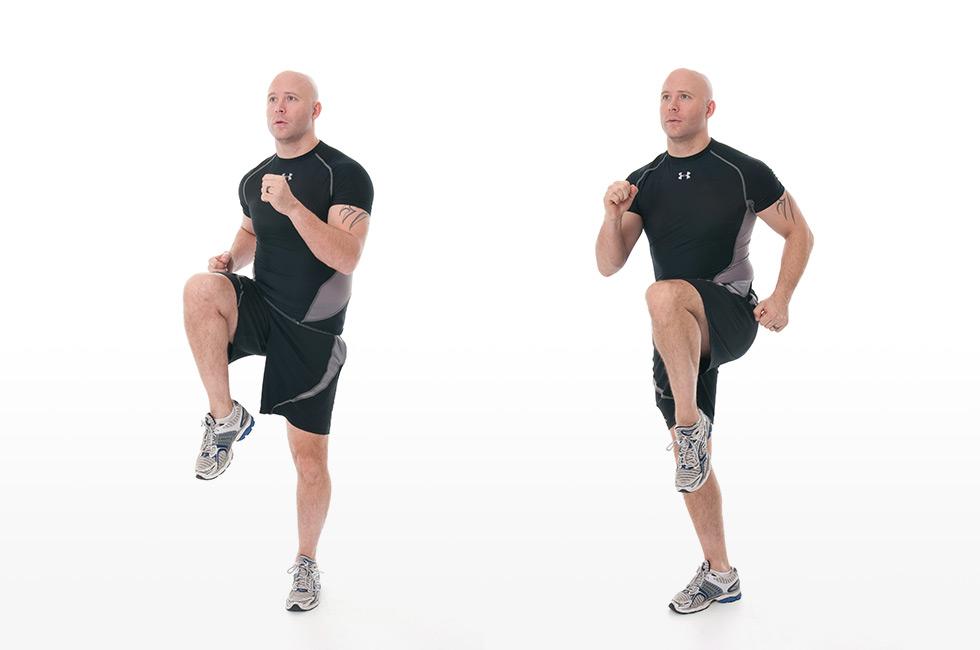 High Knees Run in place bringing knees as high as possible on each repetition.