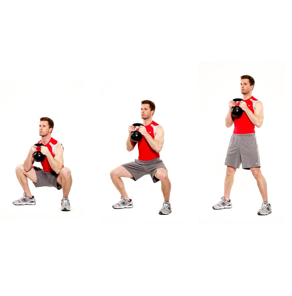 Kettlebell Squats Hold kettlebell at chest high in a standing position.