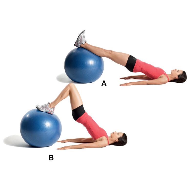 Leg curls on Stability Ball Lie supine on floor with lower legs on exercise ball. Extended arms out to sides.