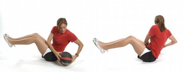 Medicine Ball side- to- sides Medicine Ball Sit- ups Sit on ground or mat holding a medicine ball in both hands. Make sure you find your center of balance and then raise your feet off the floor.