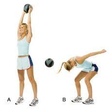 Lie down on your back and place your feet flat on the floor so that your knees are bent at a 90- degree angle. Hold a medicine ball with both hands against your chest.
