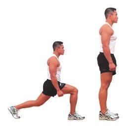 The Squat Keep your chest up and back straight, knees behind the toes.