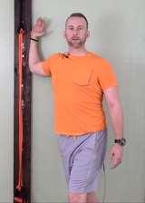 Place forearm on wall or doorway at 90 degrees 2. Step outside leg forward, Pull ABS In 3.