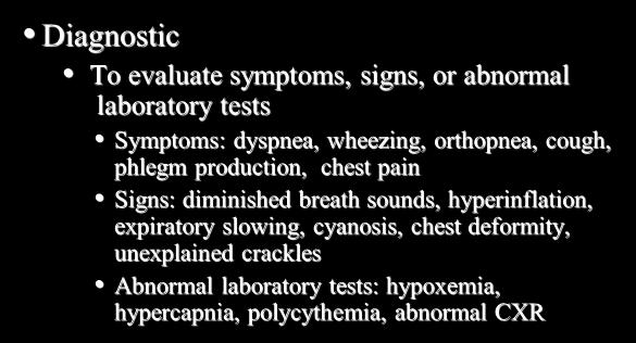 Clinical Indications Diagnostic To evaluate symptoms, signs, or abnormal laboratory tests Symptoms: dyspnea, wheezing, orthopnea,