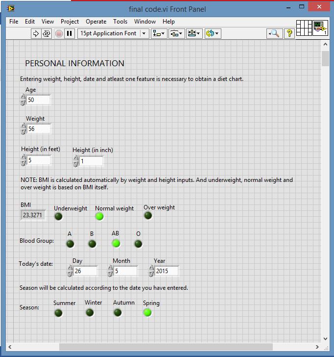 12. Figure 6.11 shows the beginning of a blank questionnaire on LabVIEW front panel and figure 6.12 shows the filled questionnaire of the beginning question set. Figure 6.12: Filled questionnaire beginning 13.