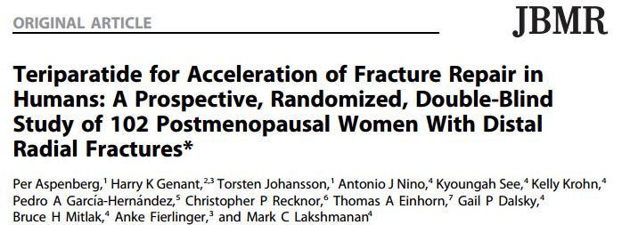 102 postmenopausal women 45-85 years fracture of the distal radius 3 groups: teriparatide (20 or 40