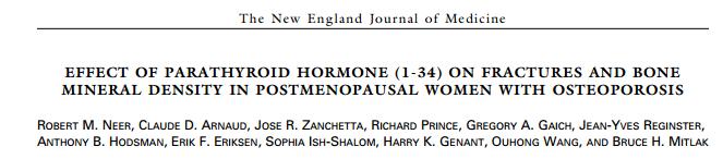 1637 postmenopausal women with prior vertebral fractures 20 or 40 μg of parathyroid hormone (1-34) or placebo, administered subcutaneously New vertebral fractures occurred in 14% in the placebo group