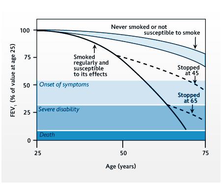 Markers of disease severity: rate of FEV1 decline Normally lose 25-30mls