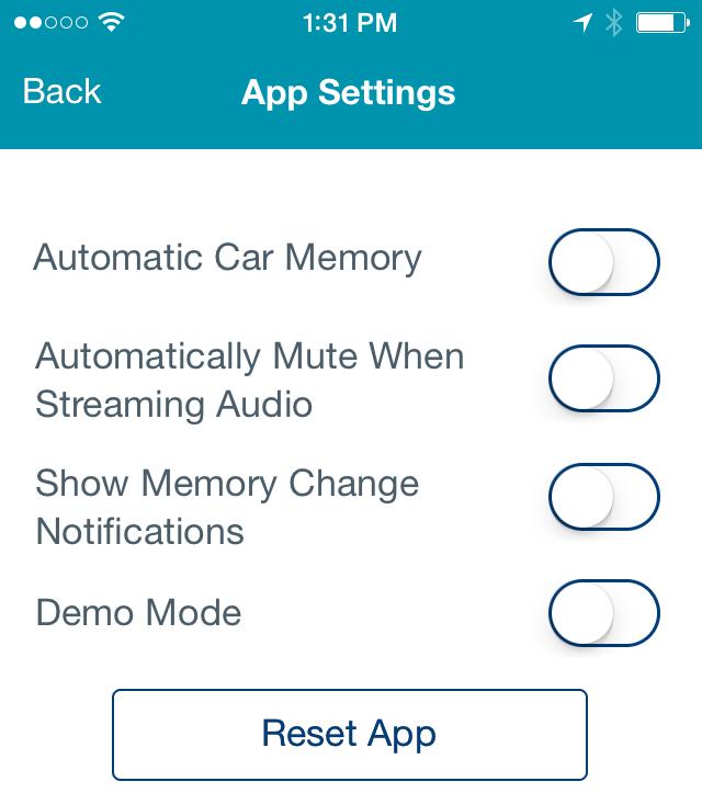 APP SETTINGS App Settings includes an option for turning on/off the Automatic Car memory.