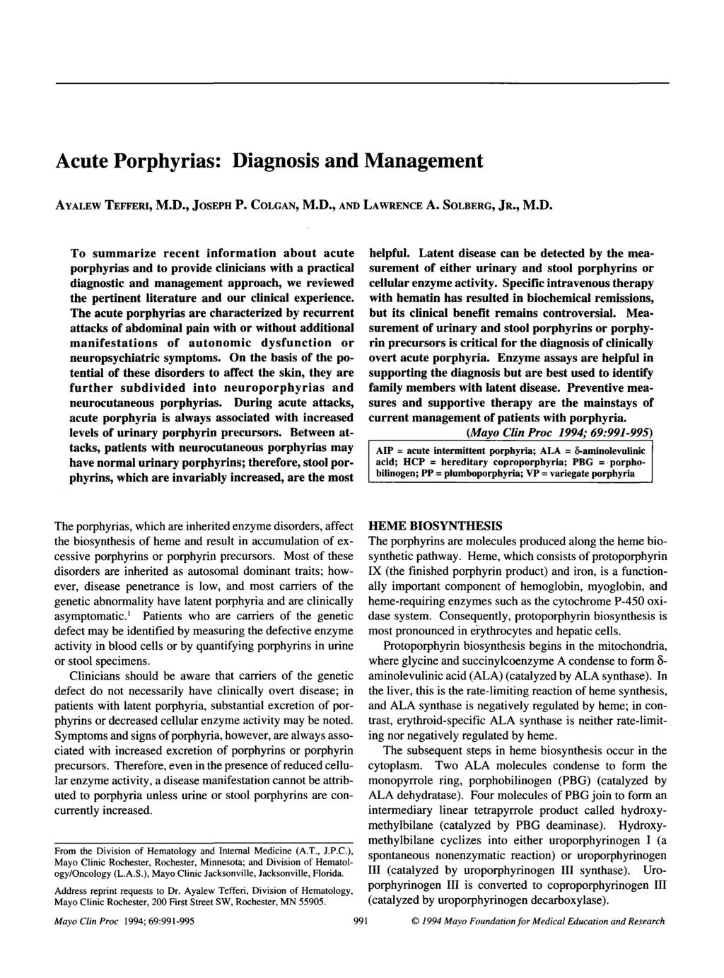 Concise Review for Primary-Care Physicians Acute Porphyrias: Di