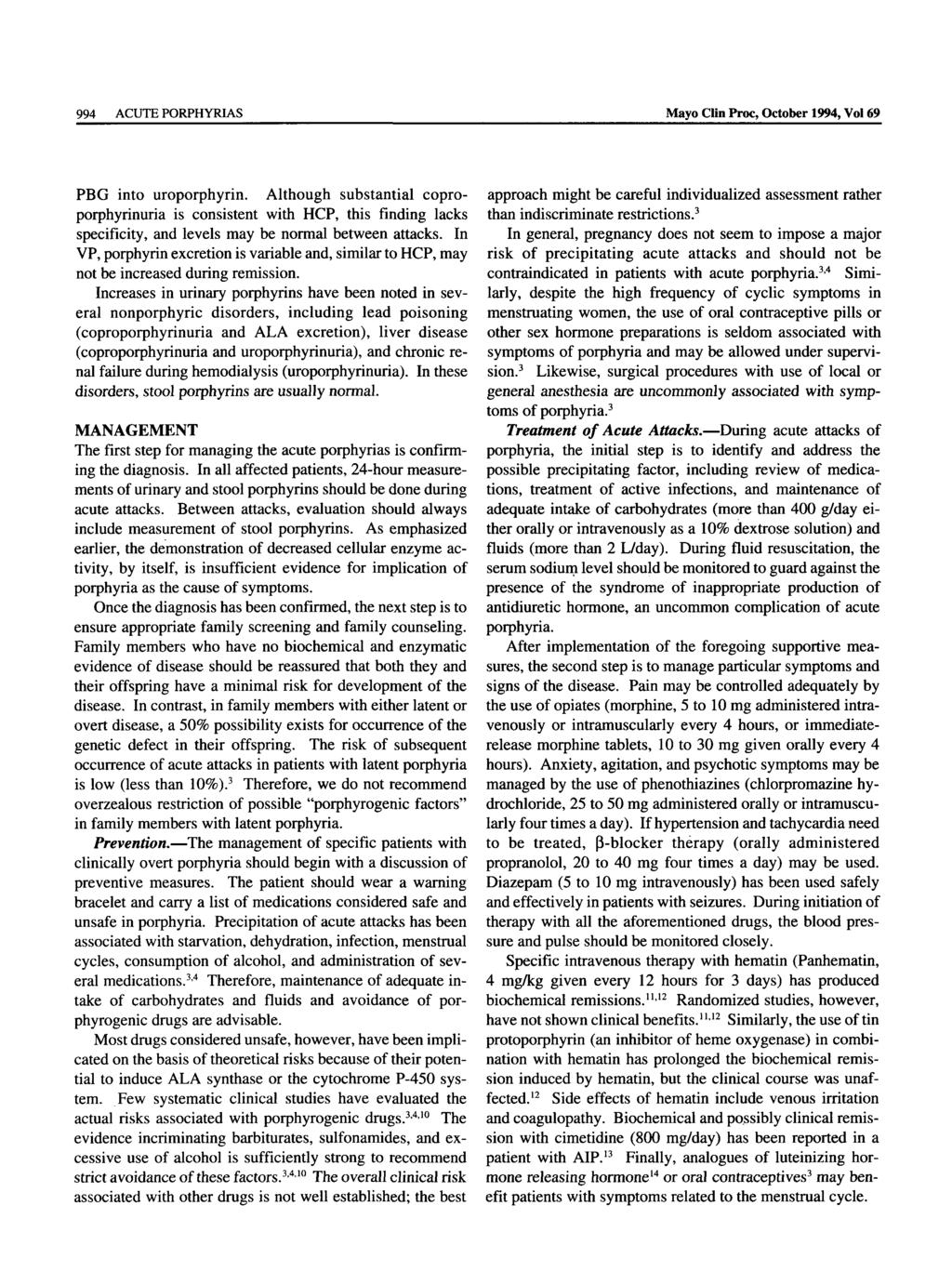 994 ACUTE PORPHYRIAS Mayo Clin Proc, October 1994, Vol 69 PBG into uroporphyrin.