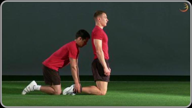 Part E: Hamstrings. Max 1 mins. Hamstrings Starting position: Kneel with knees hip-width apart; partner pins your ankles firmly to the ground with both hands.