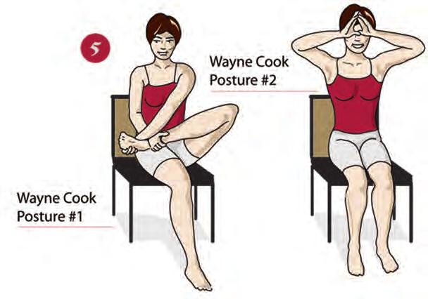 21 STEP 5 -- The Wayne Cook How To: Sit up straight, cross your left foot over your right knee. Place your right hand on your left ankle and your left hand on the bottom of left foot.