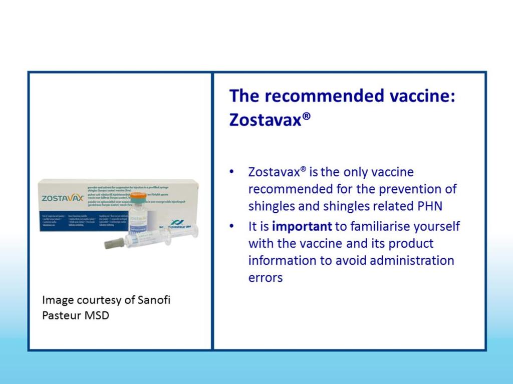 Zostavax is recommended for the prevention of shingles infection and shingles related PHN. Zostavax should not be used for the treatment of PHN.