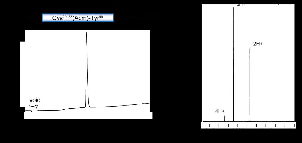 Supplemental Figure 3. HPLC profile and ESI mass spectrum of H-[Ala 1 -Cys 7 -Gly 28 ]-α-thioester. (A) Analytical RP-HPLC of purified H-[Ala 1 -Cys 7 -Gly 28 ]-α-thioester.