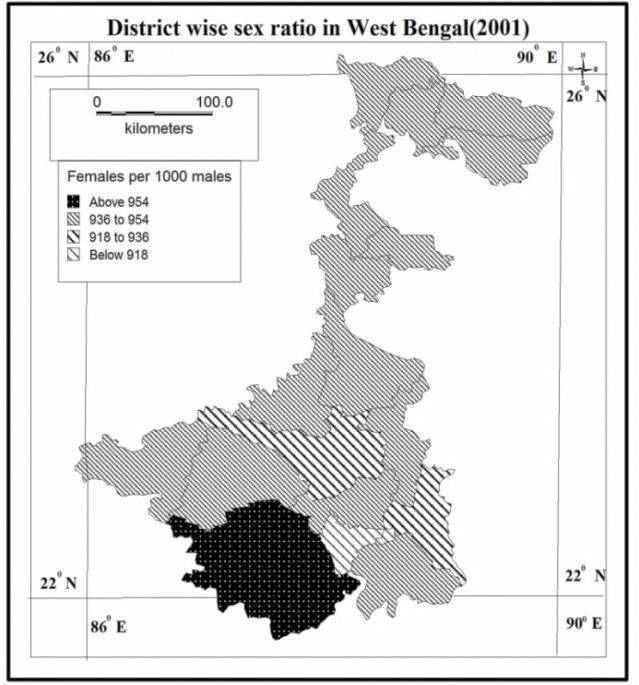3.3. Changing Patterns of District-wise Sex Ratio in West Bengal:- To better understanding about the trends of spatial pattern of sex ratio in West Bengal, three choropleth maps have been given for