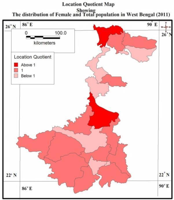 3.4. District-Wise Concentration of Male and Female population in West Bengal:- Fig.6 and Fig.7 are shown the male and female concentration with the help of two Location Quotient maps.