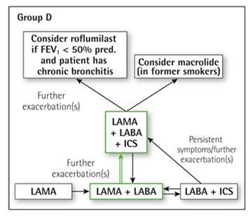 Treatment recommendations Group D Combination LAMA/LABA therapy is recommended LABA/ICS may be the first choice in some patients. i.e.: history +/- findings of