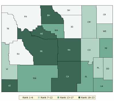 HOW DO COUNTIES RANK FOR HEALTH OUTCOMES? The green map below shows the distribution of Wyoming s health outcomes, based on an equal weighting of length and quality of life.