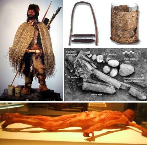 Human Culture through Artifacts Images show body of Iceman found at site and the tools that were found