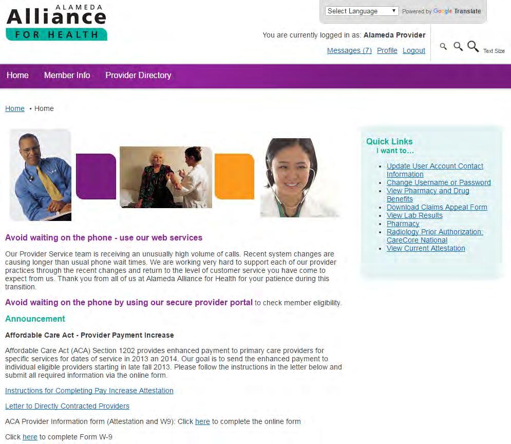 Alameda Alliance for Health Provider Portal Provider Home Page: Viewing Member Information: The Member Info tab,