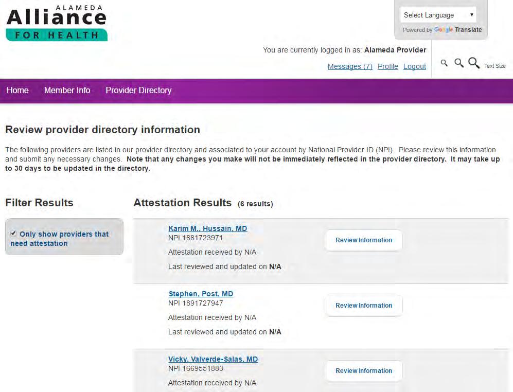 Alameda Alliance for Health Provider Portal The Only show providers that need