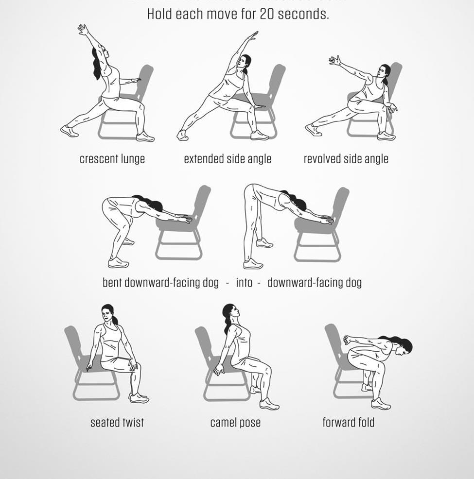 Chair Stretches (Cont d.) Cresent Lungs stretch: Using chair for stability, place knee at 90 degree angle. Opposite placed away from chair while opposite arm and back are arced away from chair.