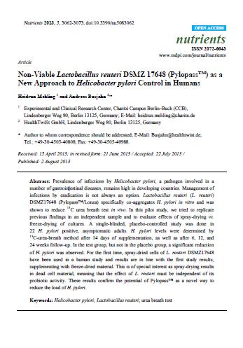 Tyndallized bacteria show same efficacy Pylopass pilot study conducted in Berlin, Germany Design: Single-blinded, randomized, placebo-controlled, cross-over study n = 22 H.