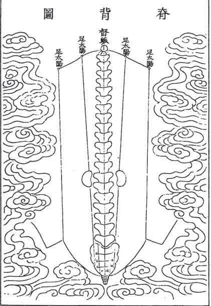 Illustration showing the close interaction between the marrow of the brain and spine with the essence of the kidney. (Shi Pei, Illustrated Manual of the Human Viscera) ejaculation.
