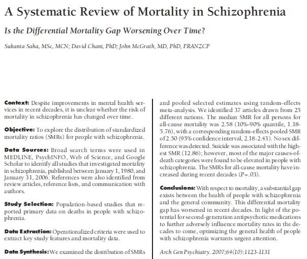 Standardised Mortality Ratio (SMR) is high in schizophrenia All causes of death: 2.